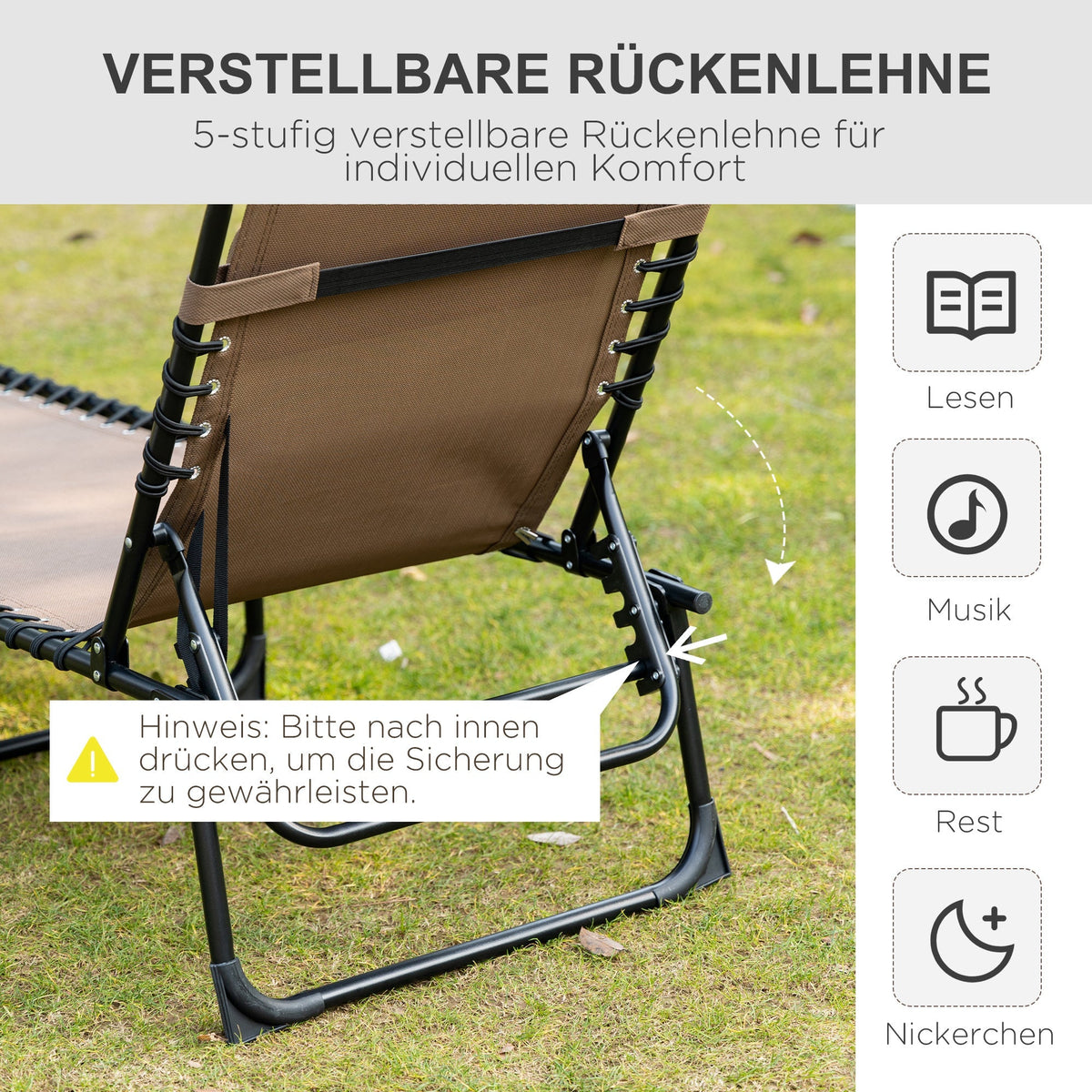 Folding Sun Lounger with Headrest & 5-Position Adjustable Backrest, Brown