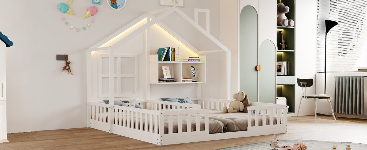 Children's House Bed 90x200 cm with LED & Storage, White