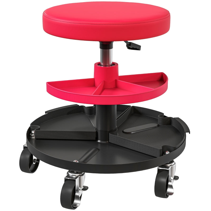 Workshop Stool with Wheels, Trays, Height Adjustable, Rolling, 135 kg, Red