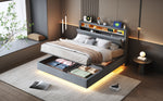 Upholstered Bed 140x200 cm, Hydraulic Floating with Storage, USB & LED, Reversible Headboard, Linen Grey