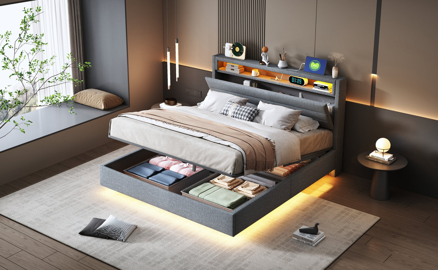 Upholstered Bed 140x200 cm, Hydraulic Floating with Storage, USB & LED, Reversible Headboard, Linen Grey