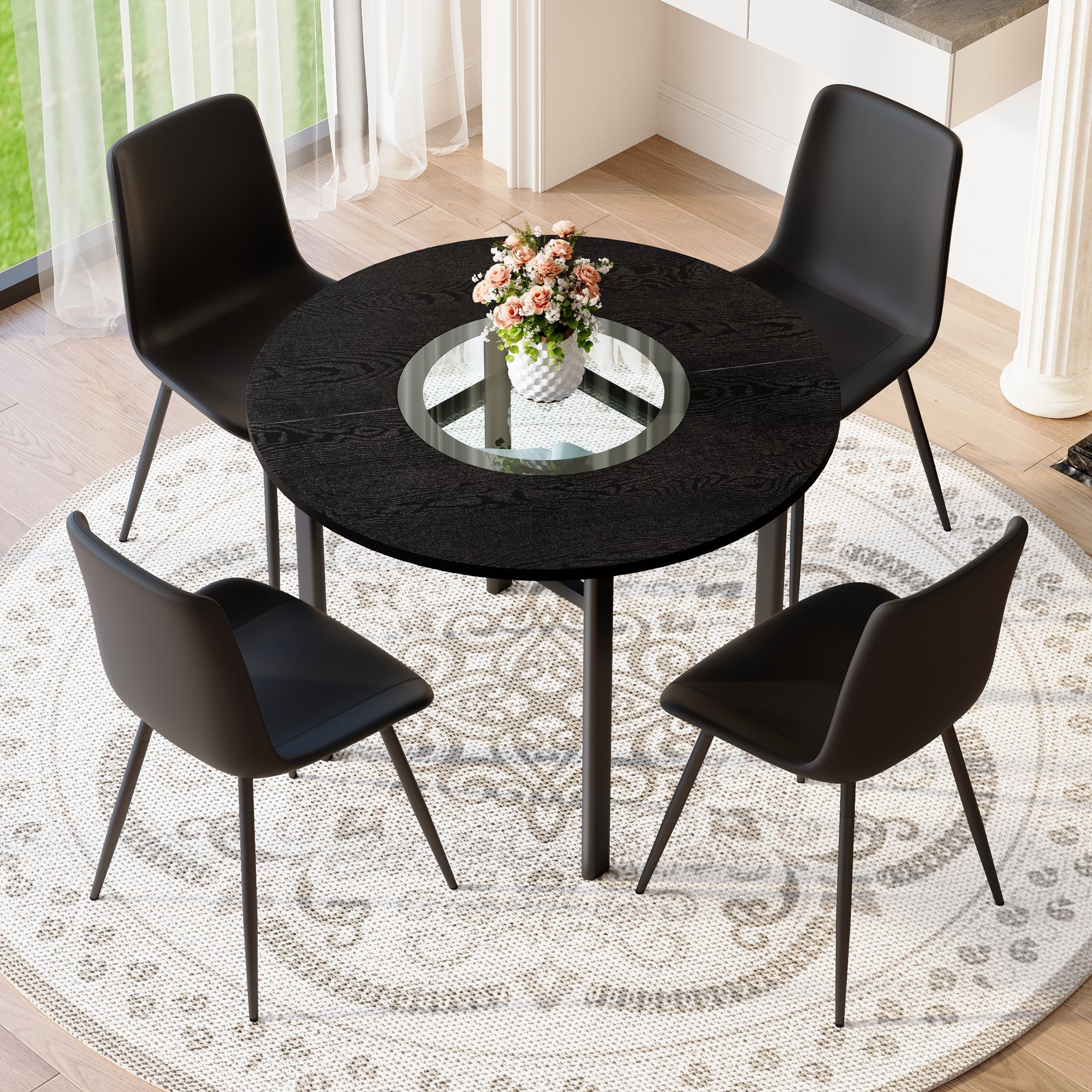Minimalist Round Table Set 100cm with 4 PU Armchairs - Black Wood Look