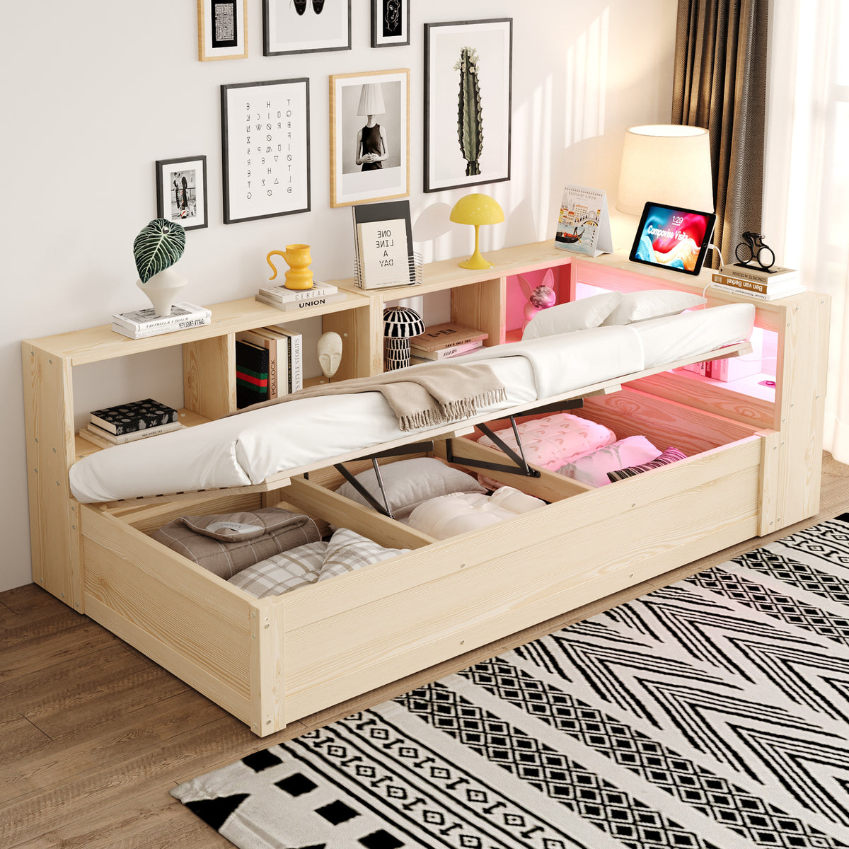 Sofa Bed 90x200cm with Hydraulic Storage & LED, Wood Color