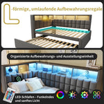 Upholstered Bed with Pull-out Bed, LED, Bluetooth Speaker and Charging Ports, 90x200cm, Grey Linen