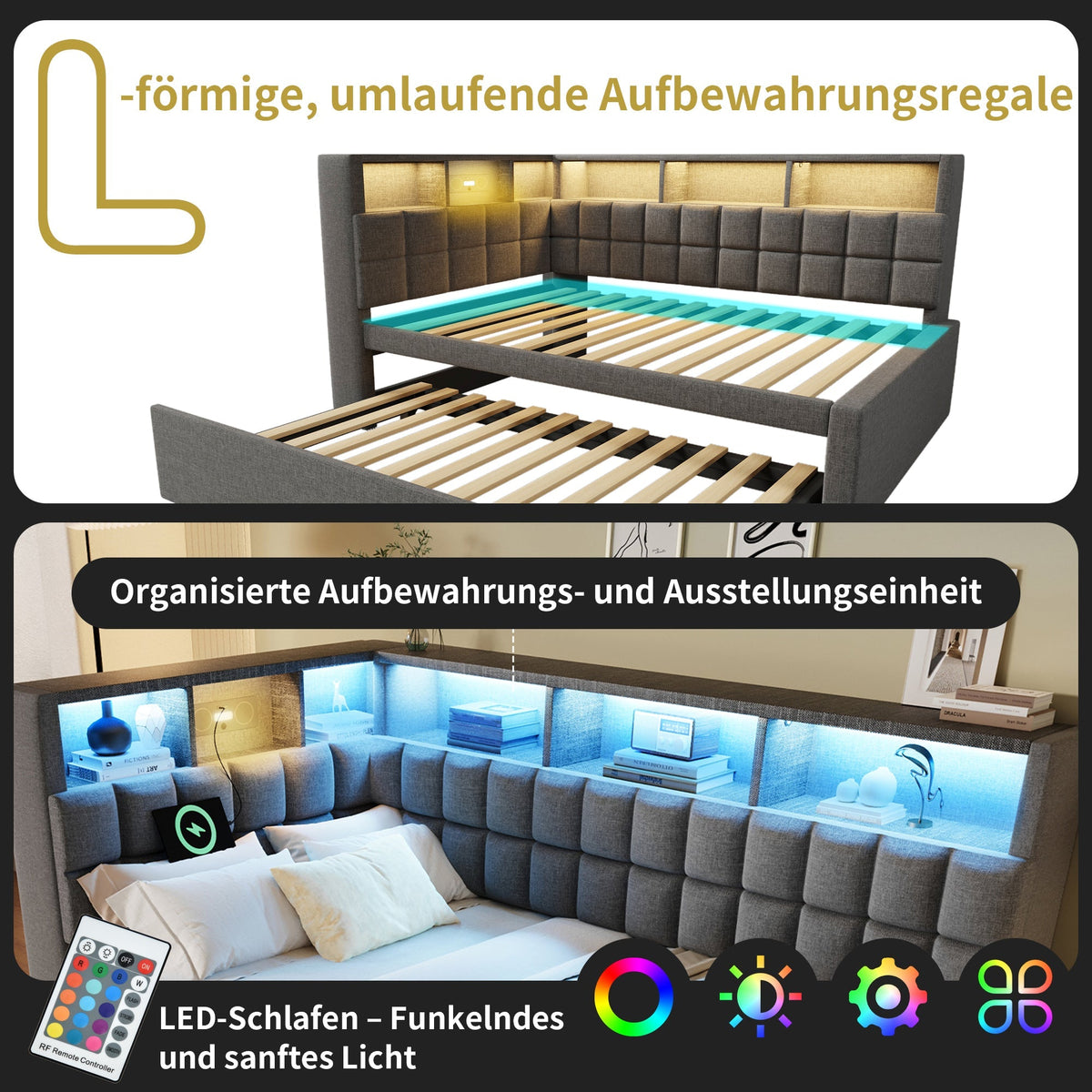 Upholstered Bed with Pull-out Bed, LED, Bluetooth Speaker and Charging Ports, 90x200cm, Grey Linen