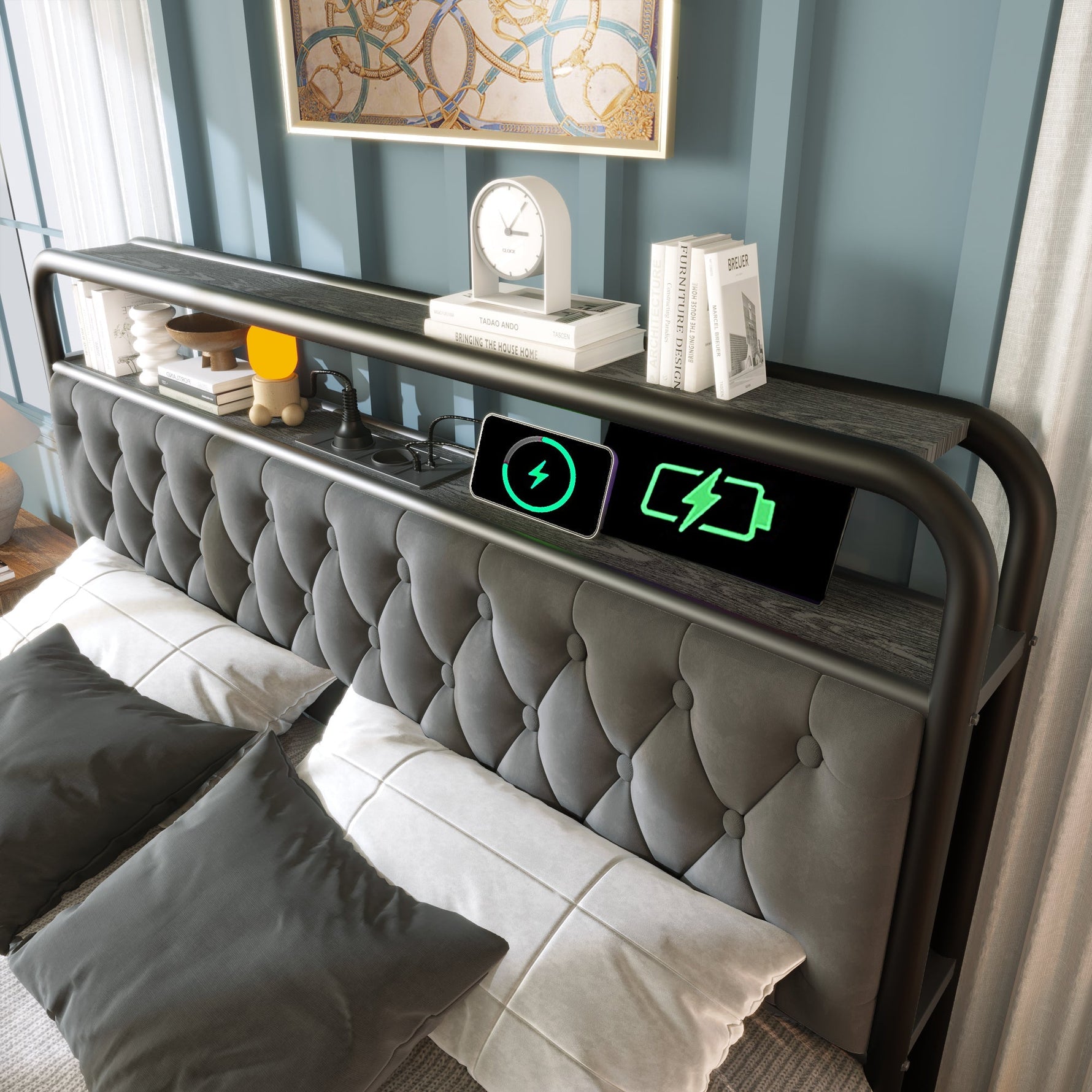 Upholstered Double Bed, USB-C Charging, APP-Control LED, 140x200, 4 Drawers, Velvet