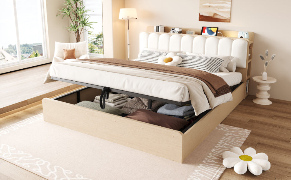 Wooden Flatbed 180x200 with Hydraulic Storage & USB, Wood