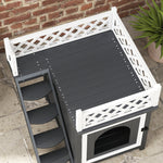Cat Cave, Hut with Balcony & Stairs, Fir Wood, Grey