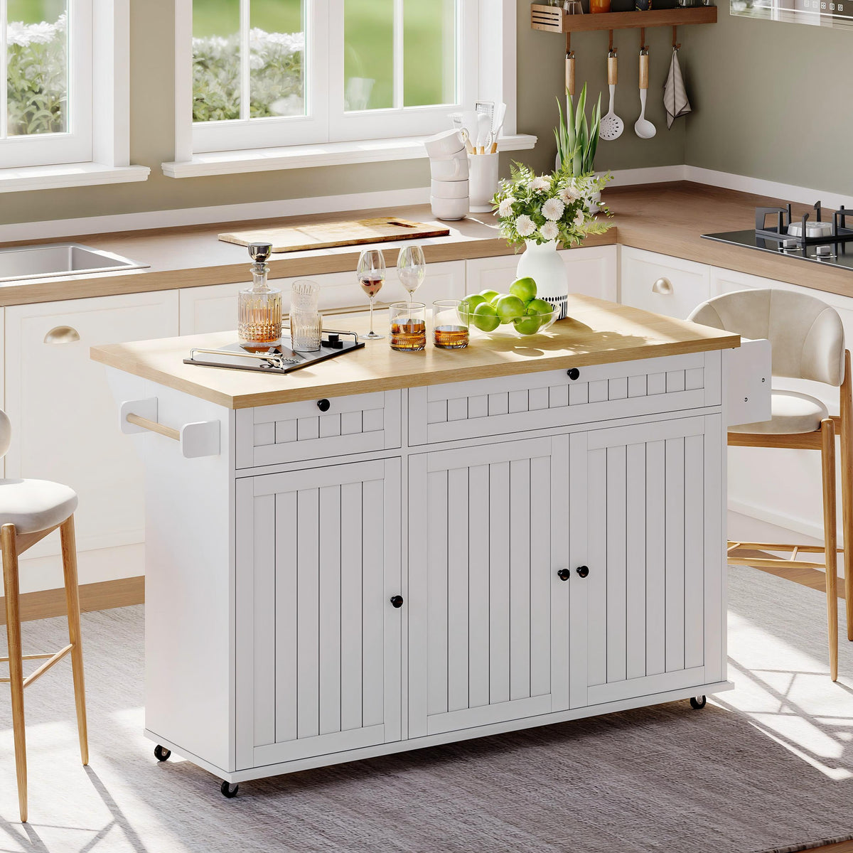 Kitchen Island Cabinet, Fold-Down Worktop Drawers Casters, White
