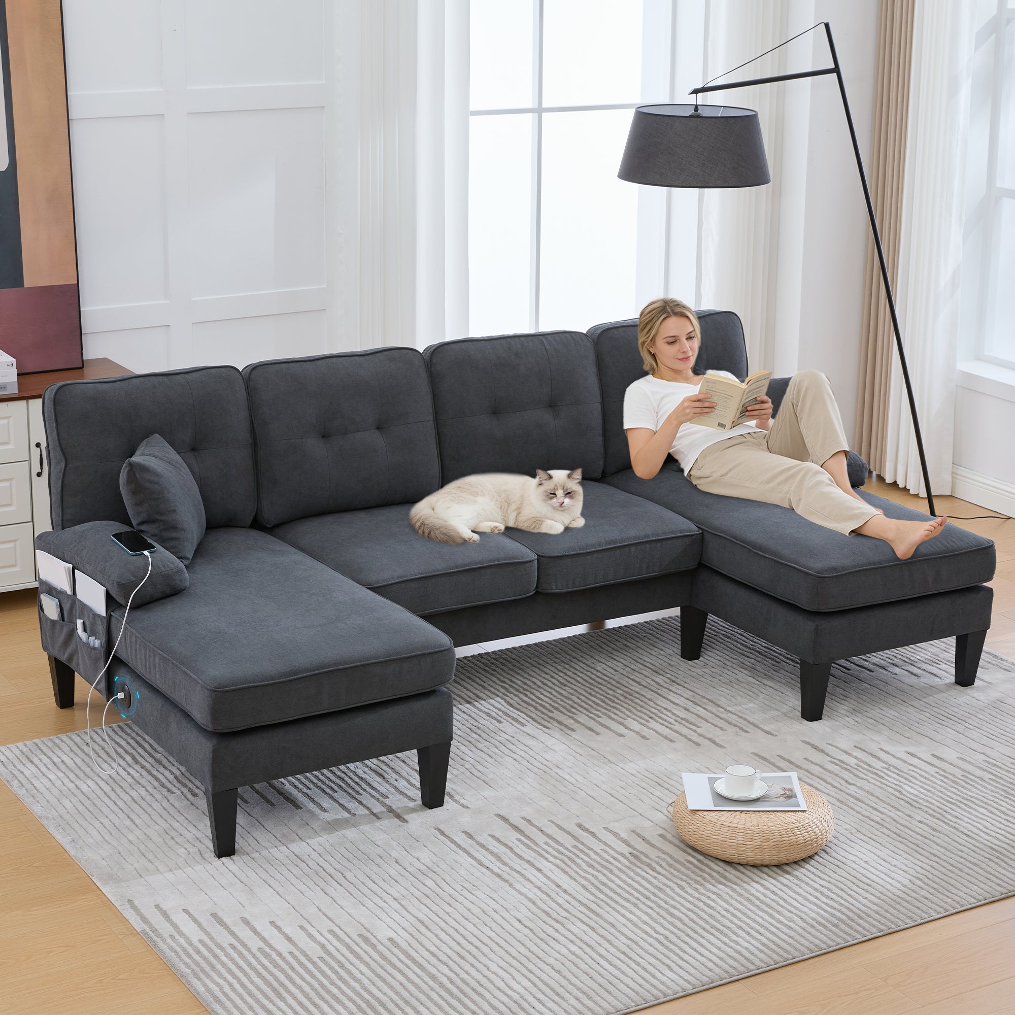 U-shaped Sofa, Large 4-Seater Two Chaise Lounges Modern, Dark Grey Linen Fabric