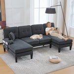 U-shaped Sofa, Large 4-Seater Two Chaise Lounges Modern, Dark Grey Linen Fabric