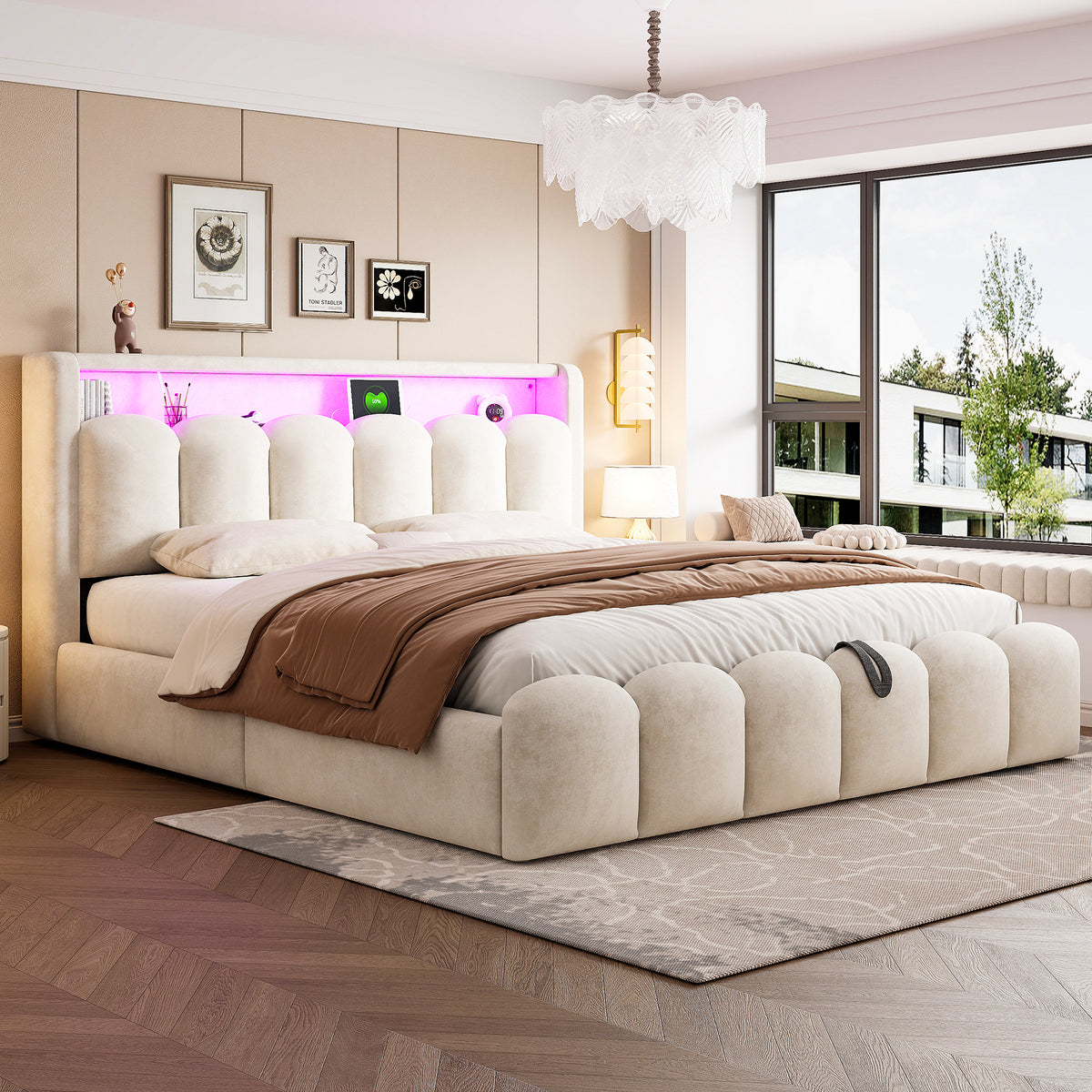 Upholstered Bed 180x200cm with Storage & LED, Beige Velvet