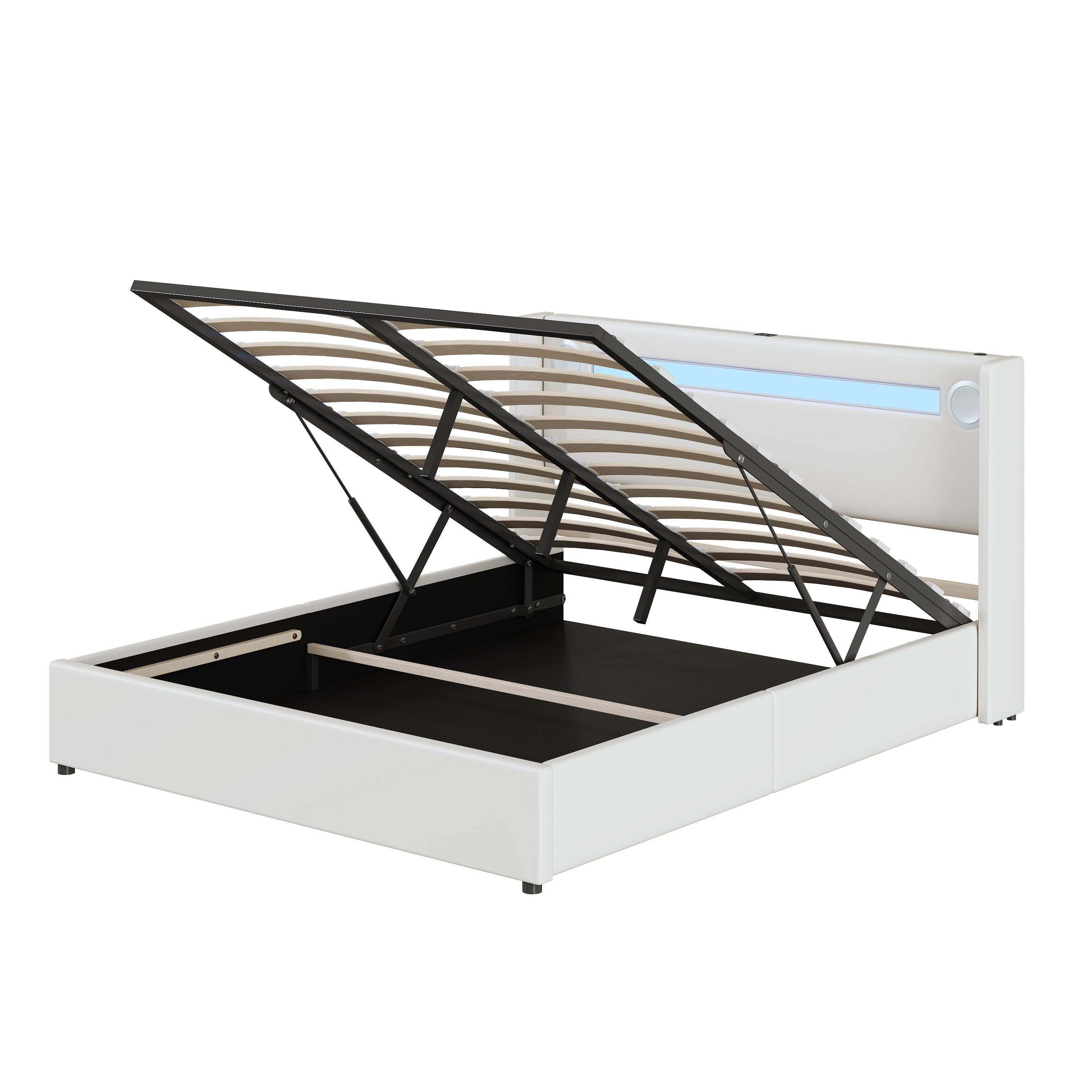 Multifunctional Upholstered Bed with LED Lighting, Bluetooth and USB Storage, White PU Leather