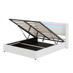 Multifunctional Upholstered Bed with LED Lighting, Bluetooth and USB Storage, White PU Leather
