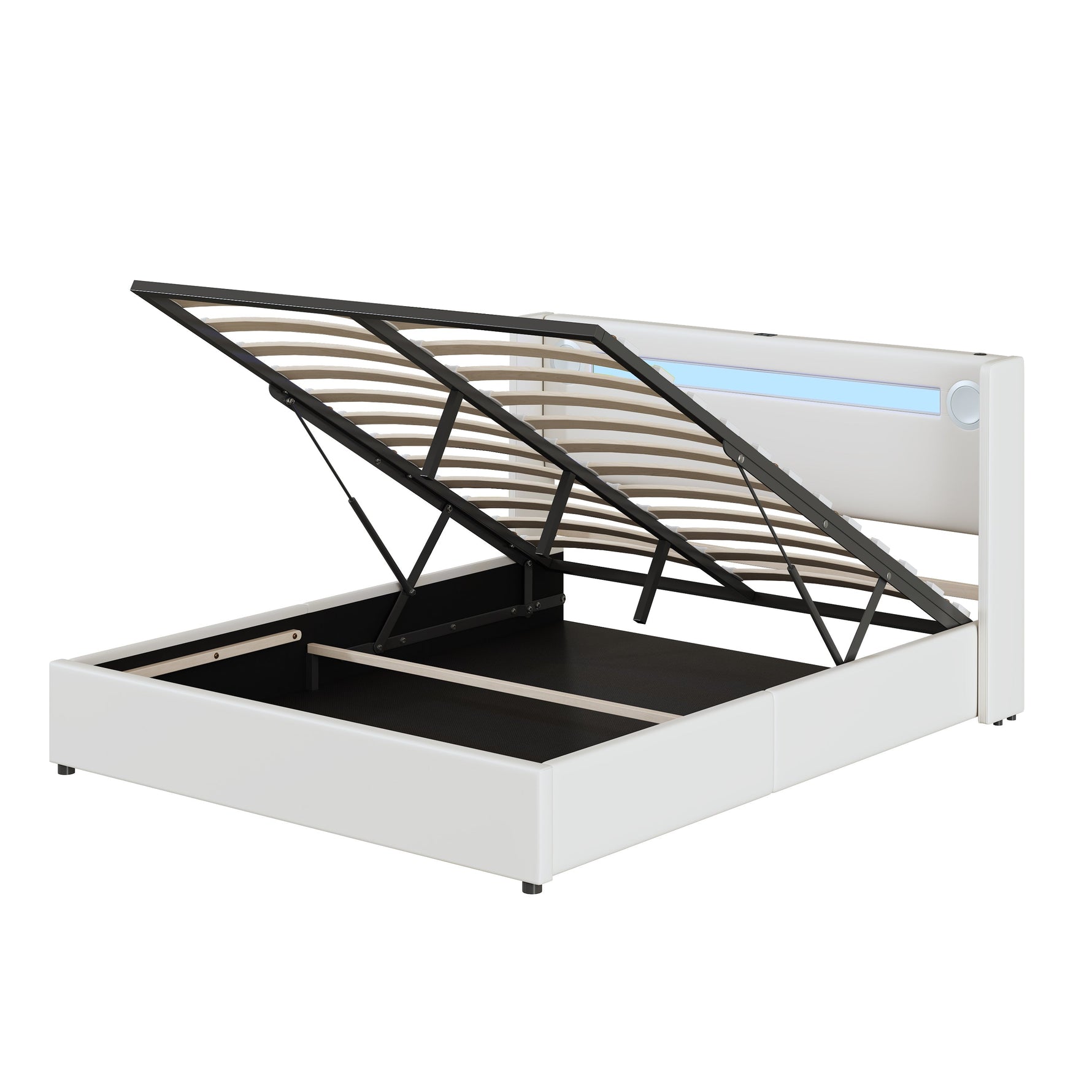 Multifunctional Upholstered Bed with LED Lighting, Bluetooth and USB Storage, White PU Leather