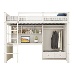 Loft Bed 90x200cm, Ladder, Desk, Wardrobe & Drawers, White