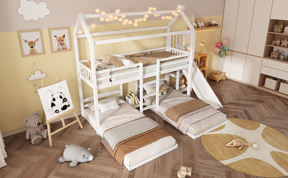 Bunk Bed, Children's with Slide, Roof Design, Three-Sleeper, Storage, Pine + MDF, White
