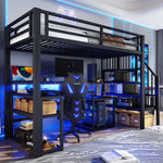 Loft Bed with Desk, Storage Staircase and LED Lights, Black Iron Frame