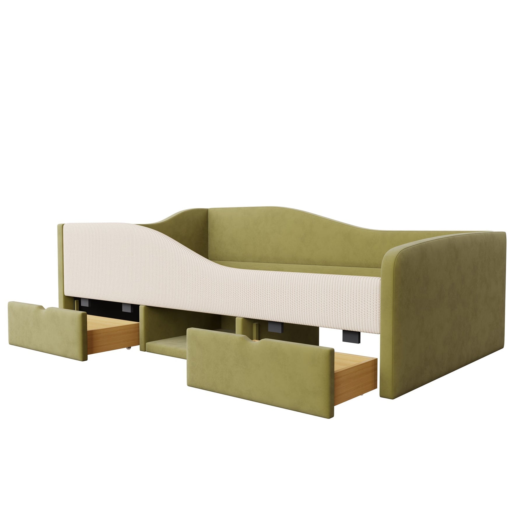 Upholstered Sofa Bed 90x190cm Multifunctional 2 Drawers Railings - Velvet Dark Green/Cream White