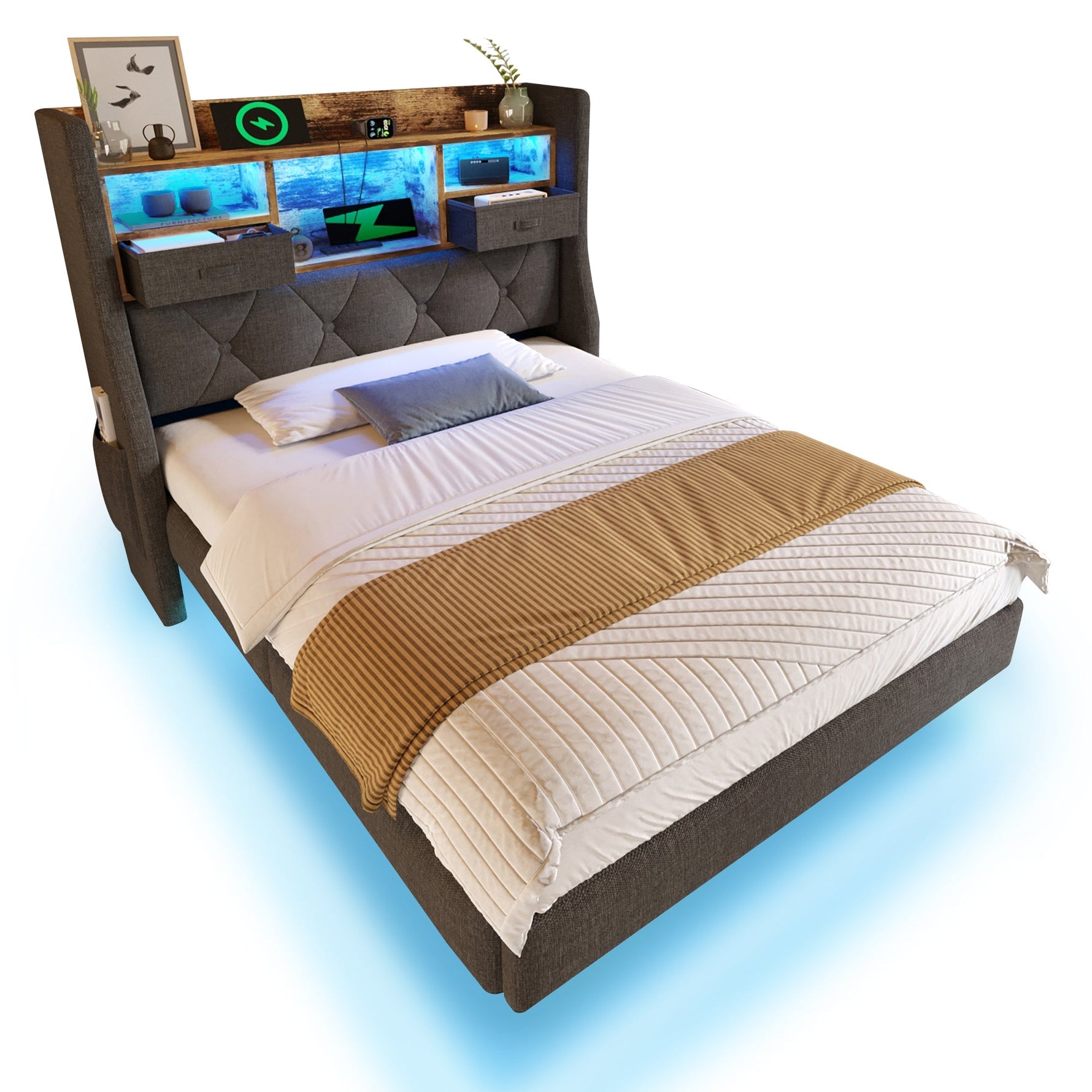 Upholstered Single Bed 90x200cm Floating Design LED Charging Station Storage, Linen Grey