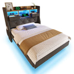 Upholstered Floating Bed 90x200cm LED/USB Charging Storage Headboard, Linen Grey