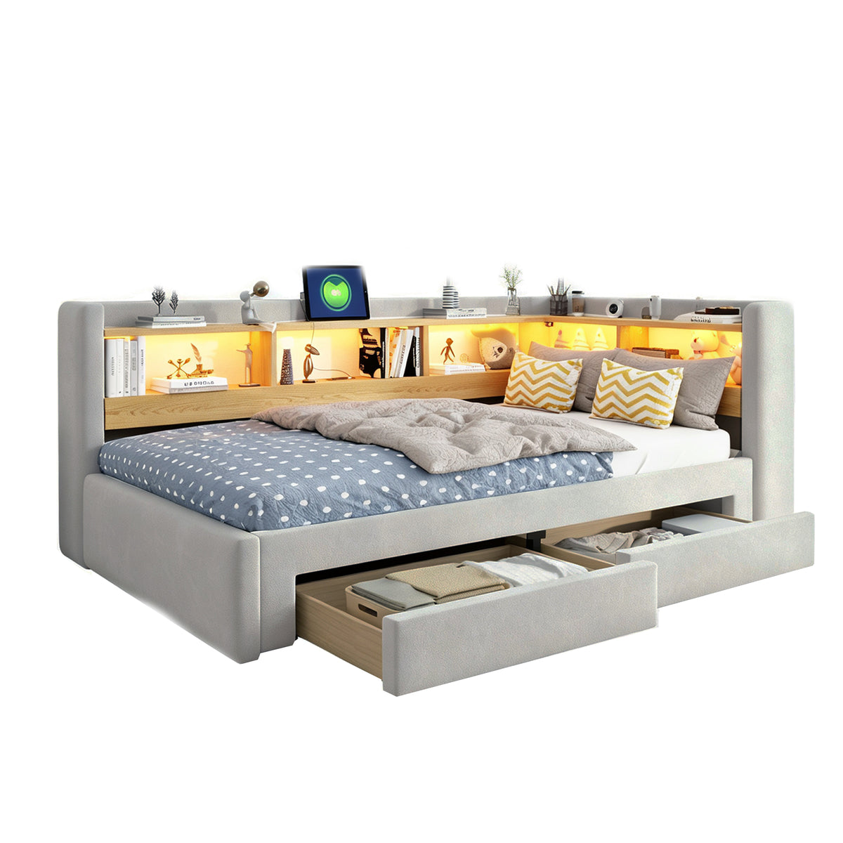 3-in-1 Extendable Sofa Bed 90x200cm with LED & Drawers, Wood