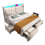 Upholstered Bed 140x200, LED Headboard with USB-C, 4-Drawer Storage, Beige Cotton