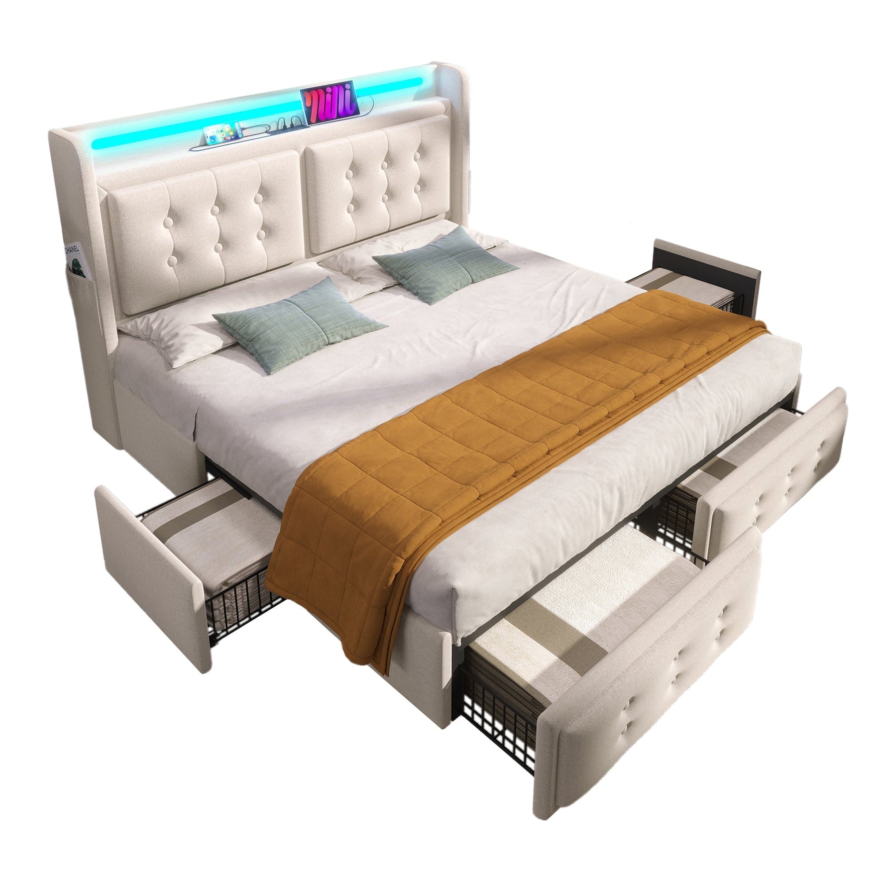 Upholstered Bed 140x200, LED Headboard with USB-C, 4-Drawer Storage, Beige Cotton