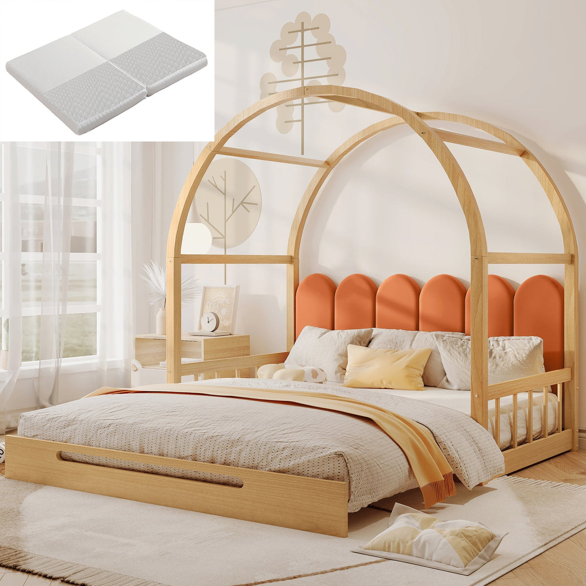 Loft Bed, Expandable Vaulted Trundle Day Double with Velvet Cushions, Pinewood Frame Natural & Orange