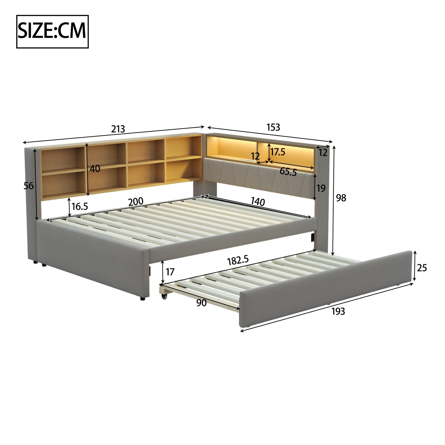 Sofa Bed 140x200 Pull-Out 90x190 USB Storage, Dark Grey