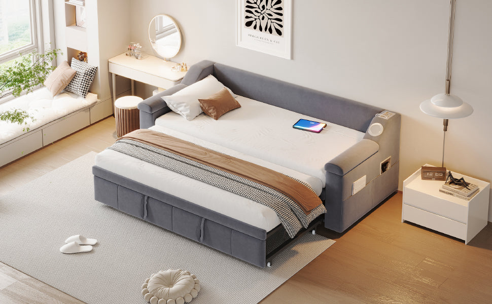 Upholstered Sofa Bed, 90/180*190cm Bluetooth Stereo USB Storage, Grey Velvet