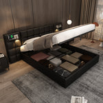 Upholstered Bed 180x200cm Hydraulic Storage USB/Wireless Charging LED Lamp - PU Black