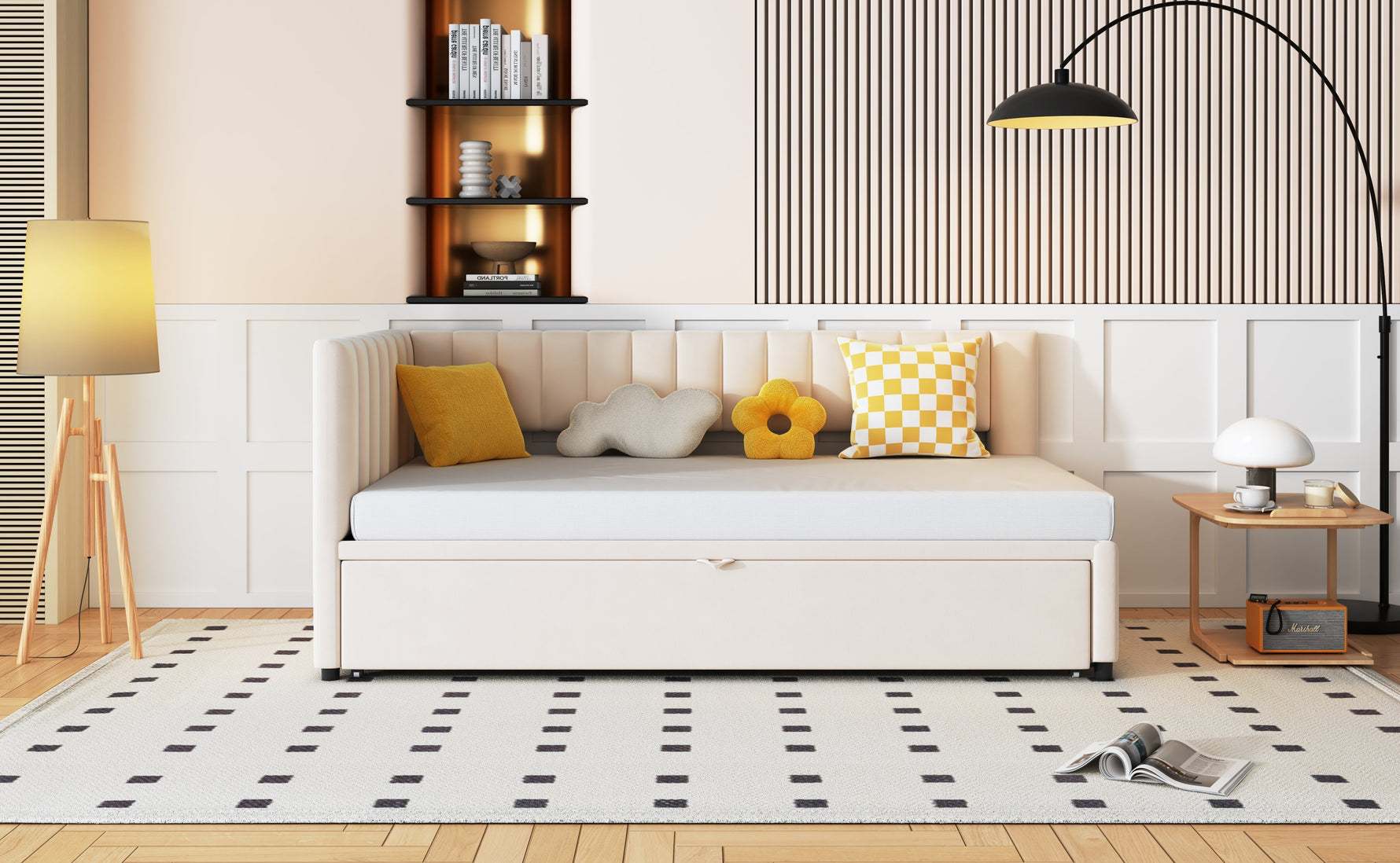 Sofa Bed, L-shaped Pull-out 90/180*200cm, Velvet Beige