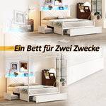 Multifunctional Double Bed with Iron Canopy, LED, USB and 3 Drawers, 140x190cm, White