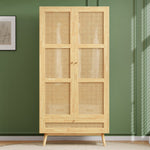 Wardrobe 2-Door Hanging Rail Rattan Net Flip-Top Lid, Natural Chipboard/PE Rattan