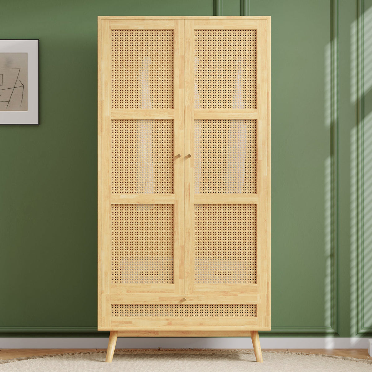 Wardrobe 2-Door Hanging Rail Rattan Net Flip-Top Lid, Natural Chipboard/PE Rattan