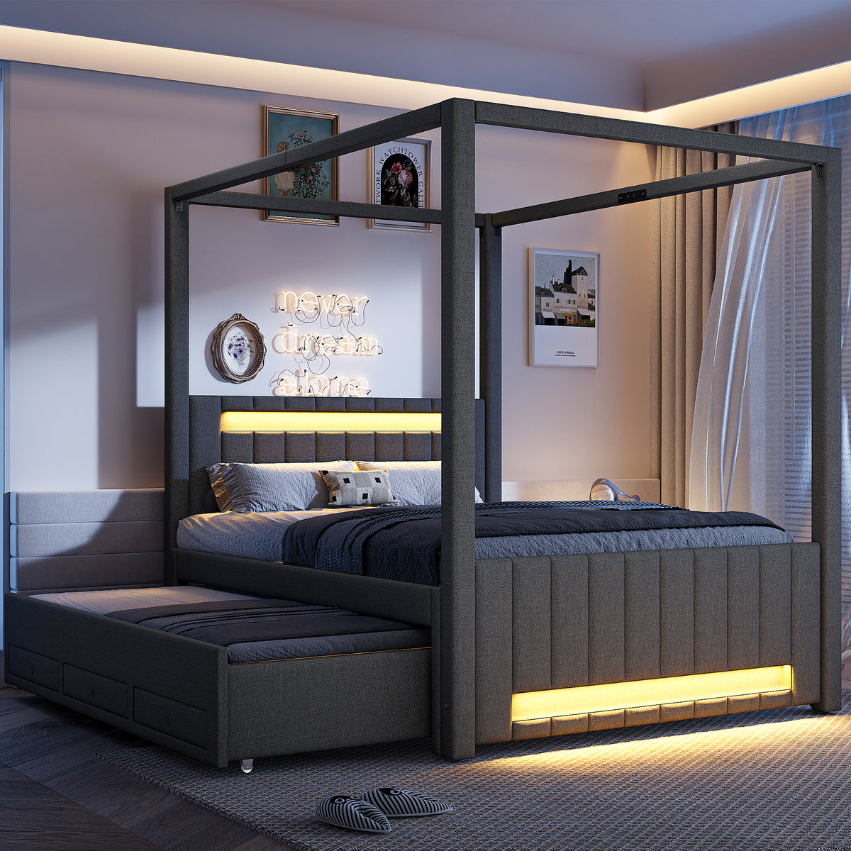Upholstered Four-Poster Bed 140x200cm, Pull-Out & 3 Drawers, Grey
