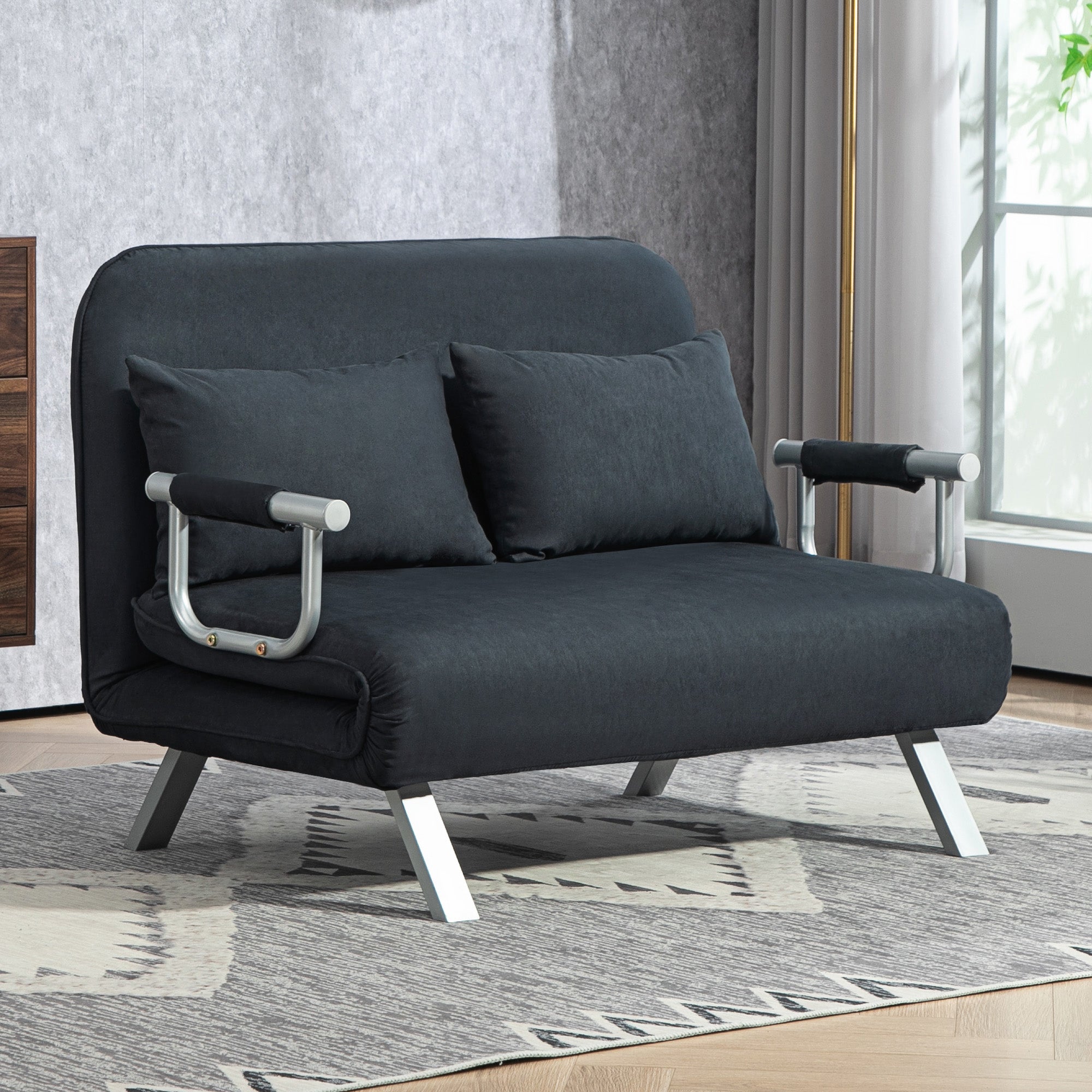 Sleeper Sofa 2-Seater Adjustable Backrest Velvet Black