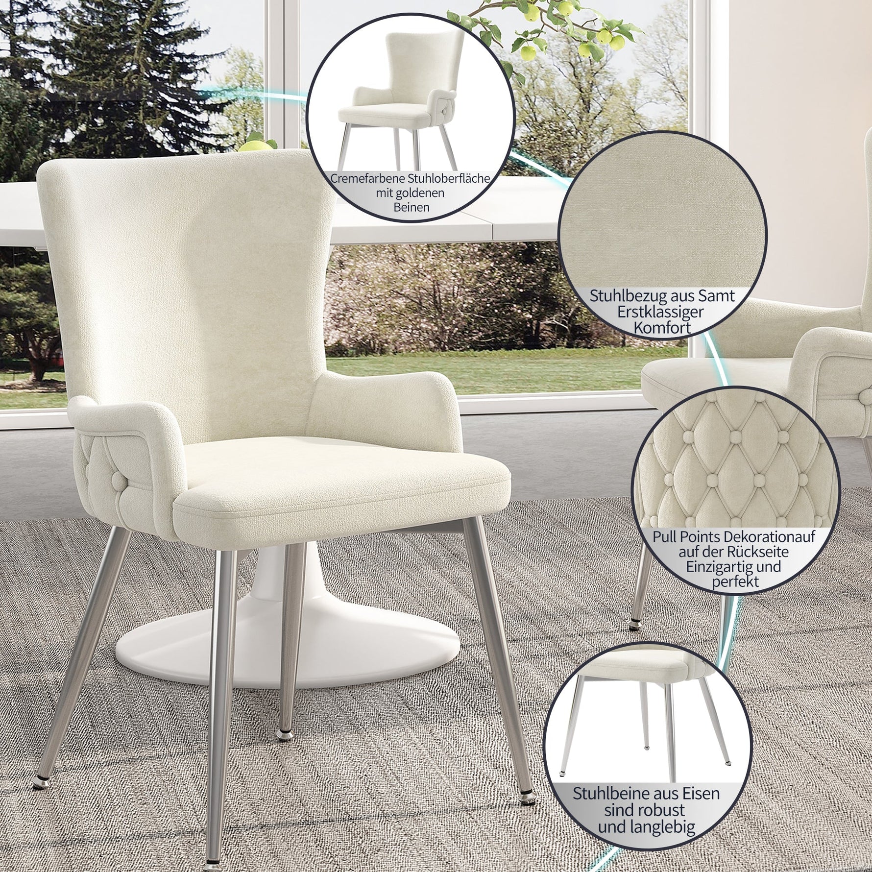 Velvet Dining Chair, Set of 6 Luxurious Lounge Chairs with Silver Metal Legs, Beige