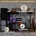 Loft Bed 120x200 cm with Storage & Charging, Black Metal