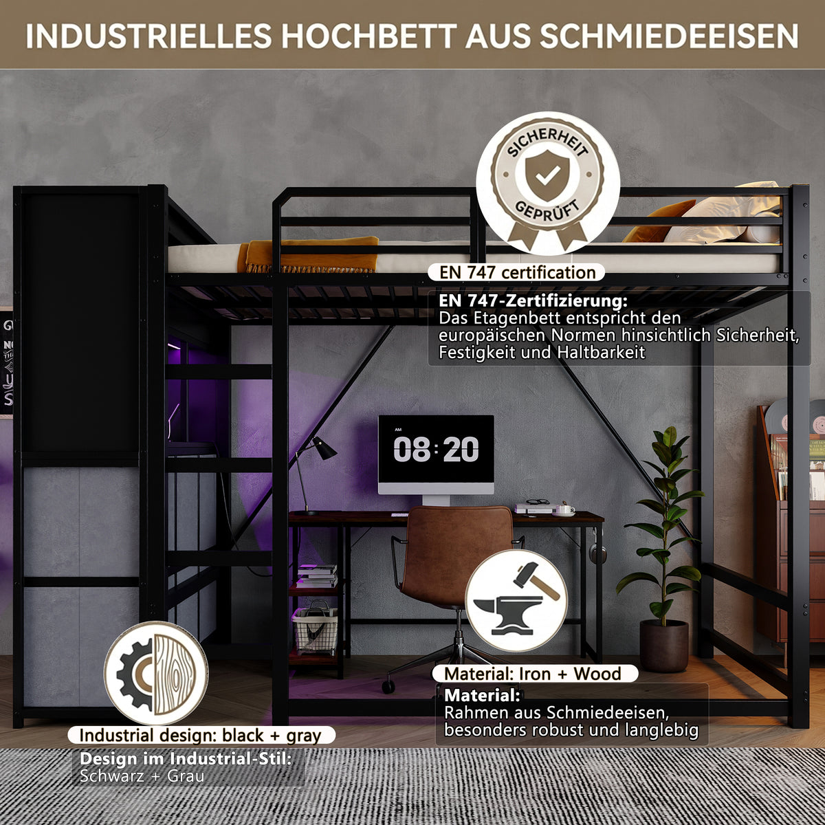 Loft Bed 120x200 cm with Storage & Charging, Black Metal