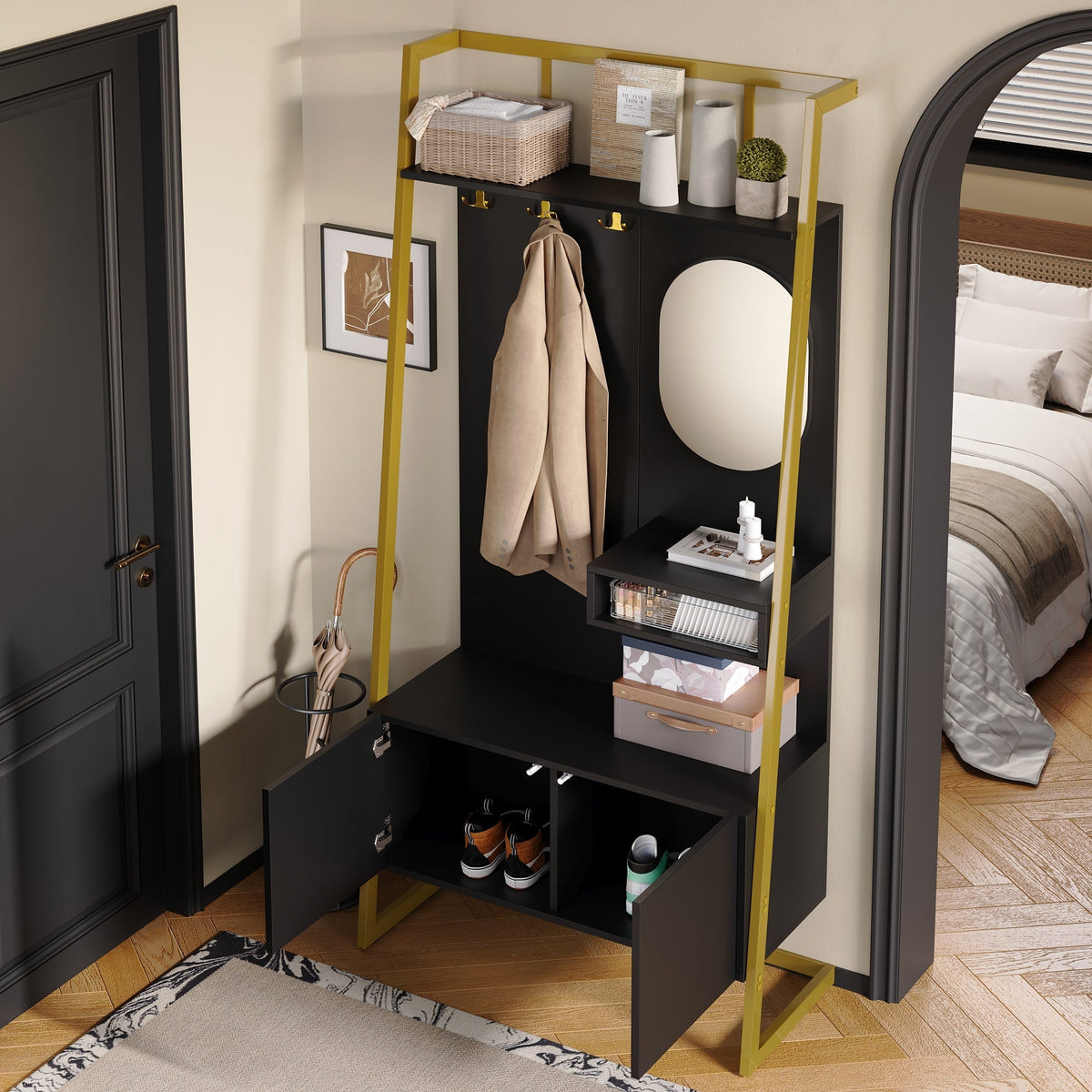 Modern Minimalist Wardrobe Compact Multifunctional Storage with Mirror & Shoe Bench, Metal Hooks