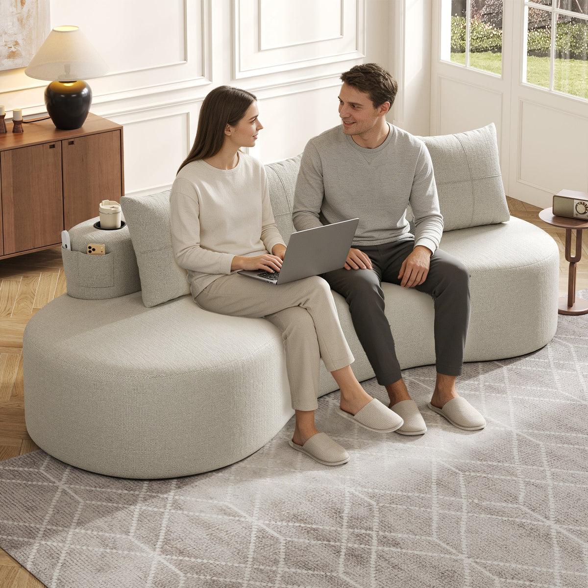 Linen Sofa with 4 Cushions, Cup Holder and Side Pocket, Beige