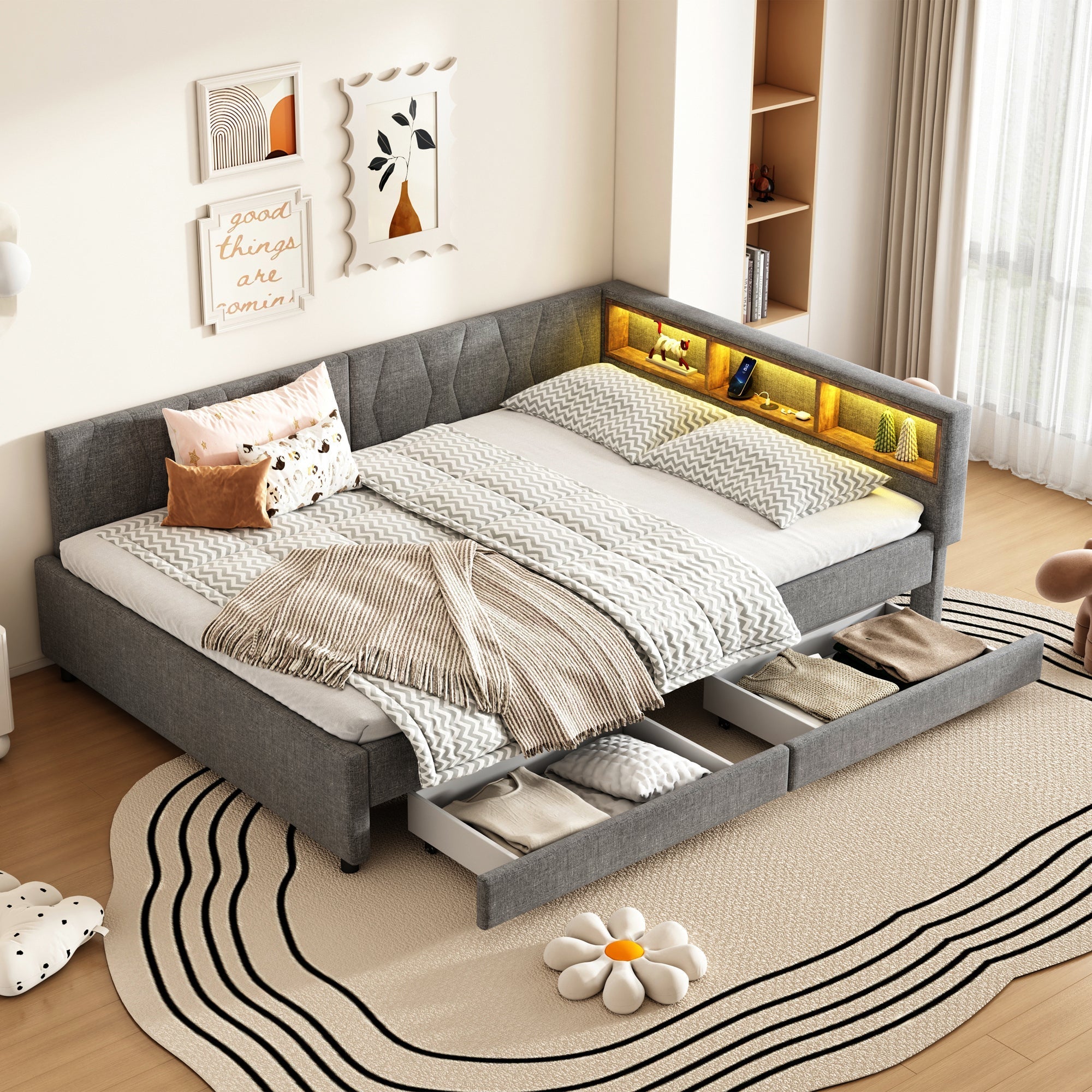 Daybed Sofa Bed 140x200cm Storage LED USB/Type-C 2 Drawers - Linen Grey