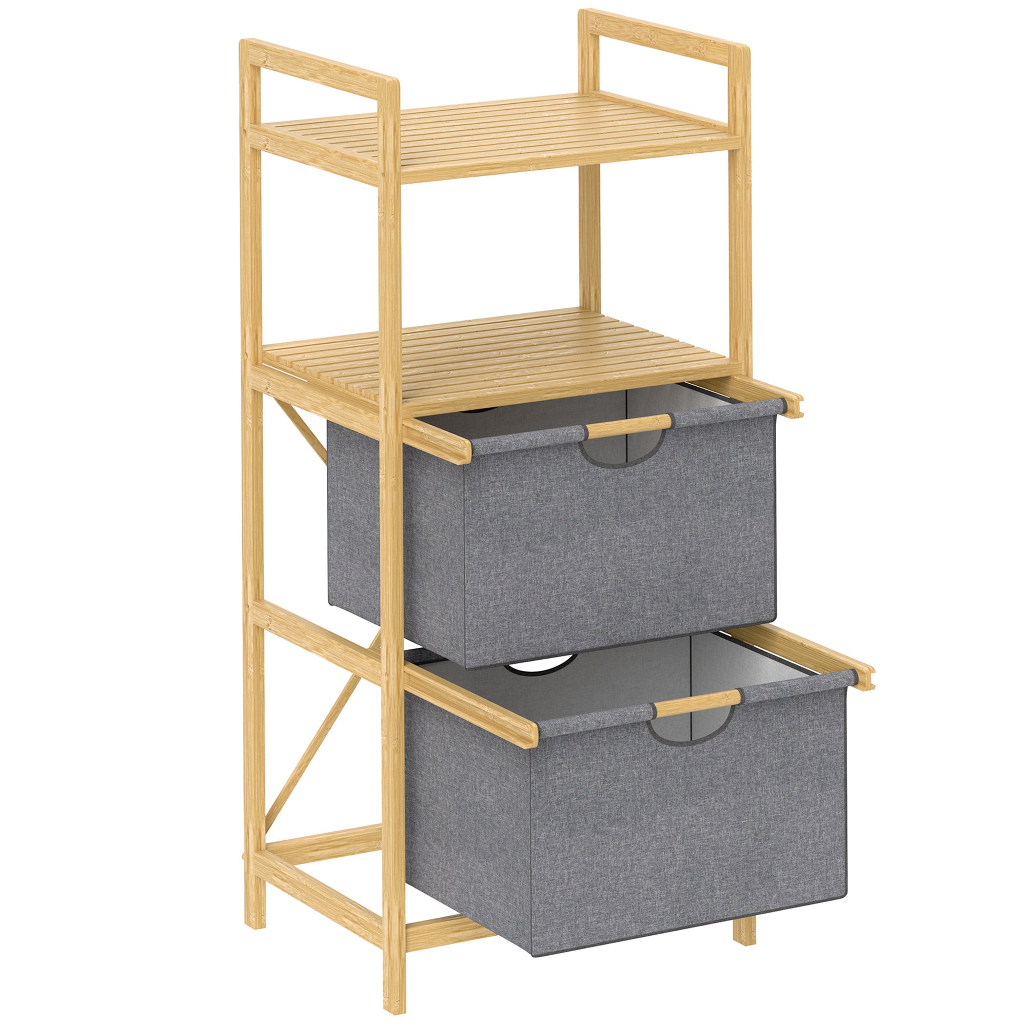 Laundry Basket with 2 Fabric Baskets, Open Shelves, Handle, Bamboo, Natural