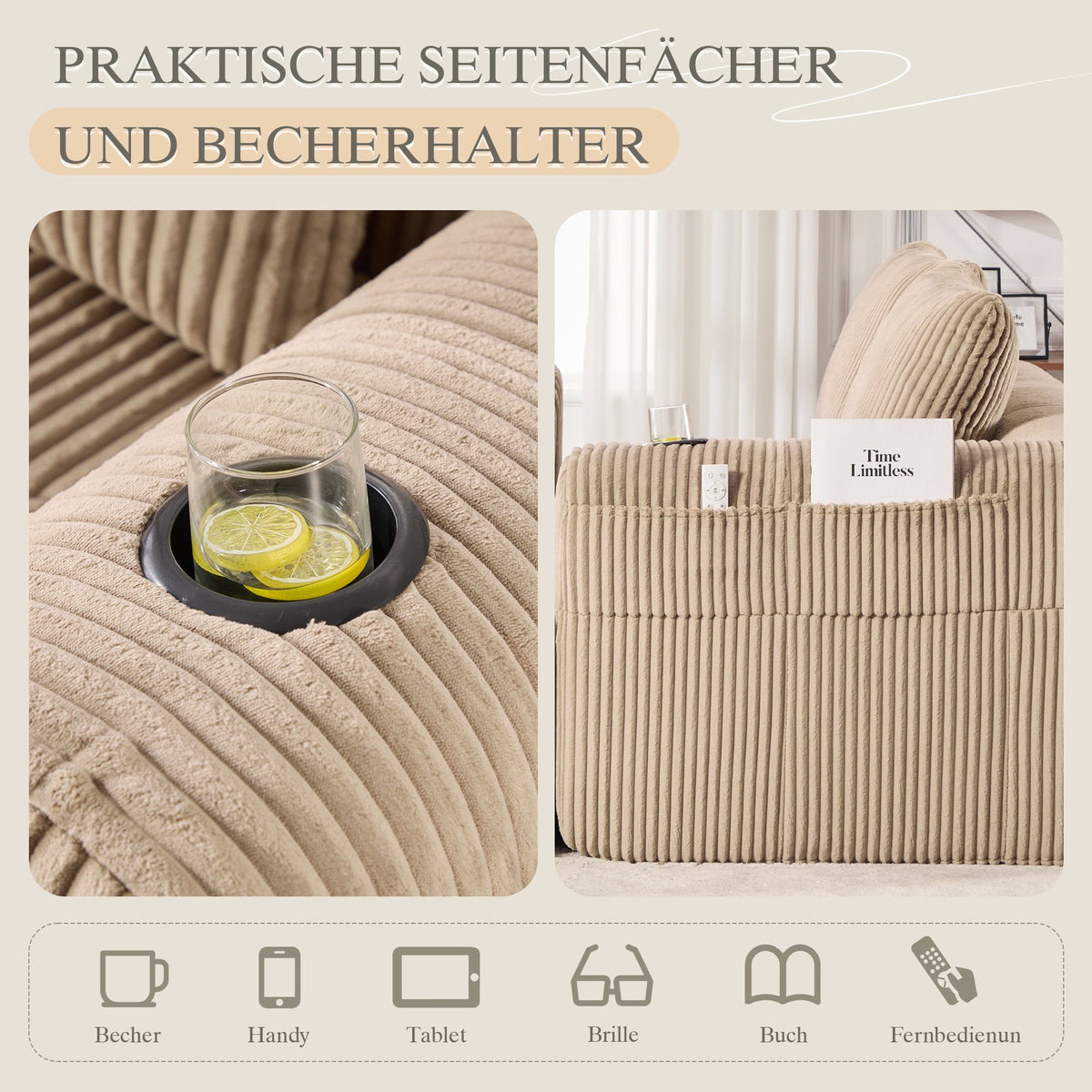 Two-Seater Sofa - No Assembly Storage Pocket Drink Holder - Corduroy