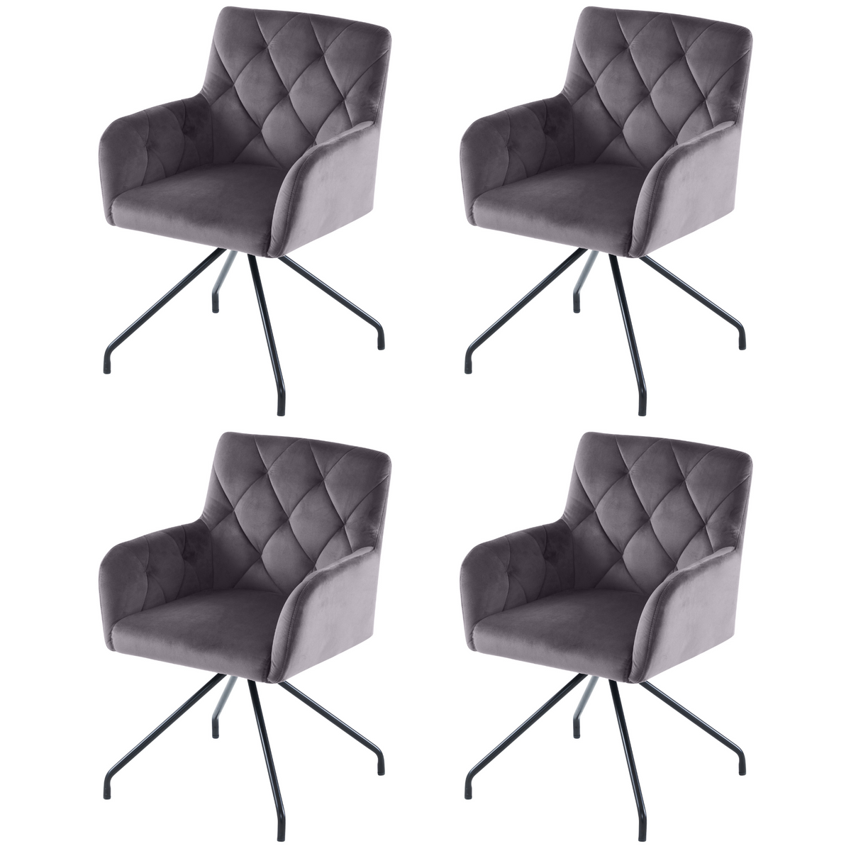 Dining Chairs Set of 4 with Diamond Pattern, Metal Legs and Lumbar Support, Grey Velvet
