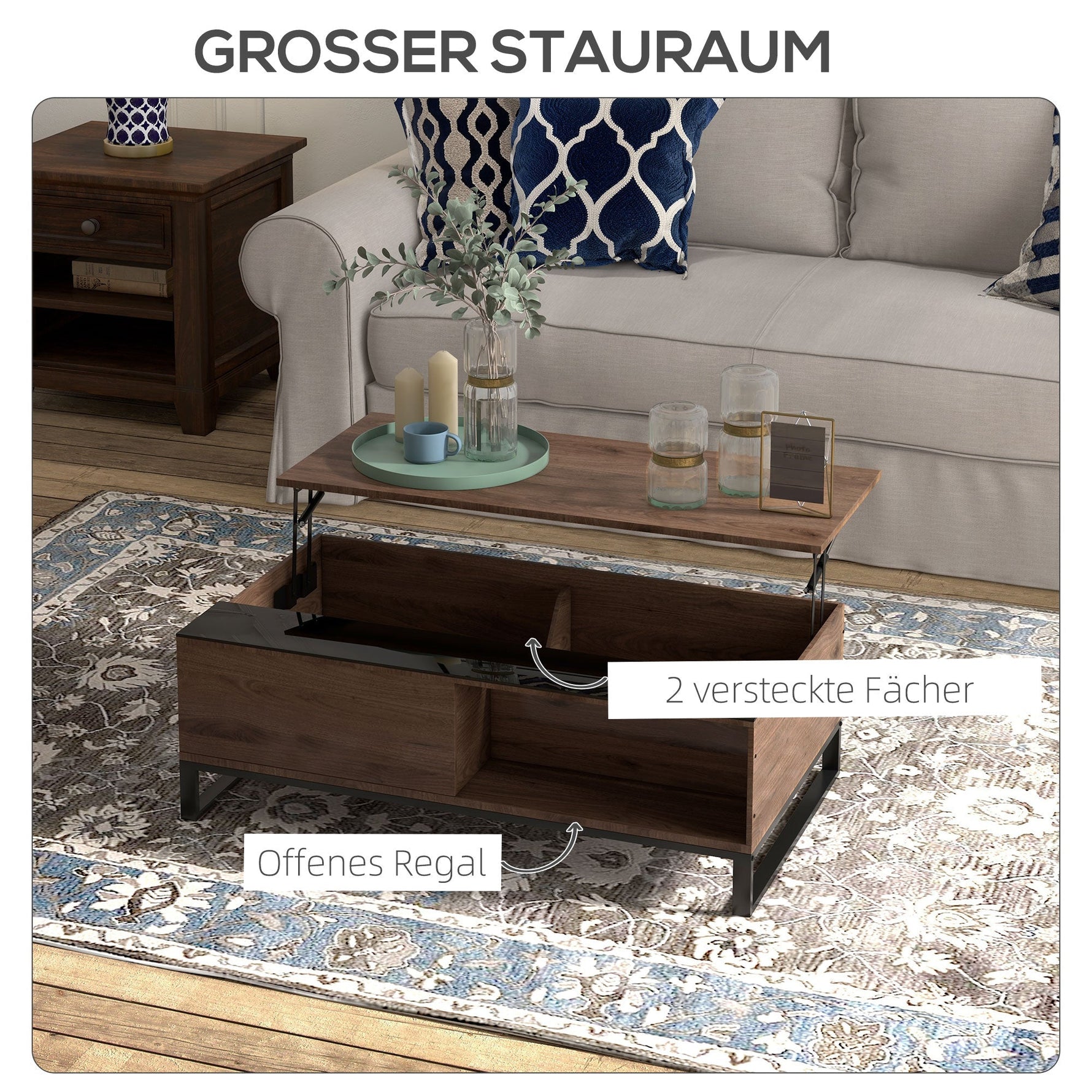 Coffee Table with Lifting Function & Storage, Steel in Walnut Black