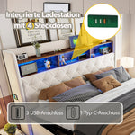 LED Upholstered Bed with USB & Hydraulic Storage, Linen Beige