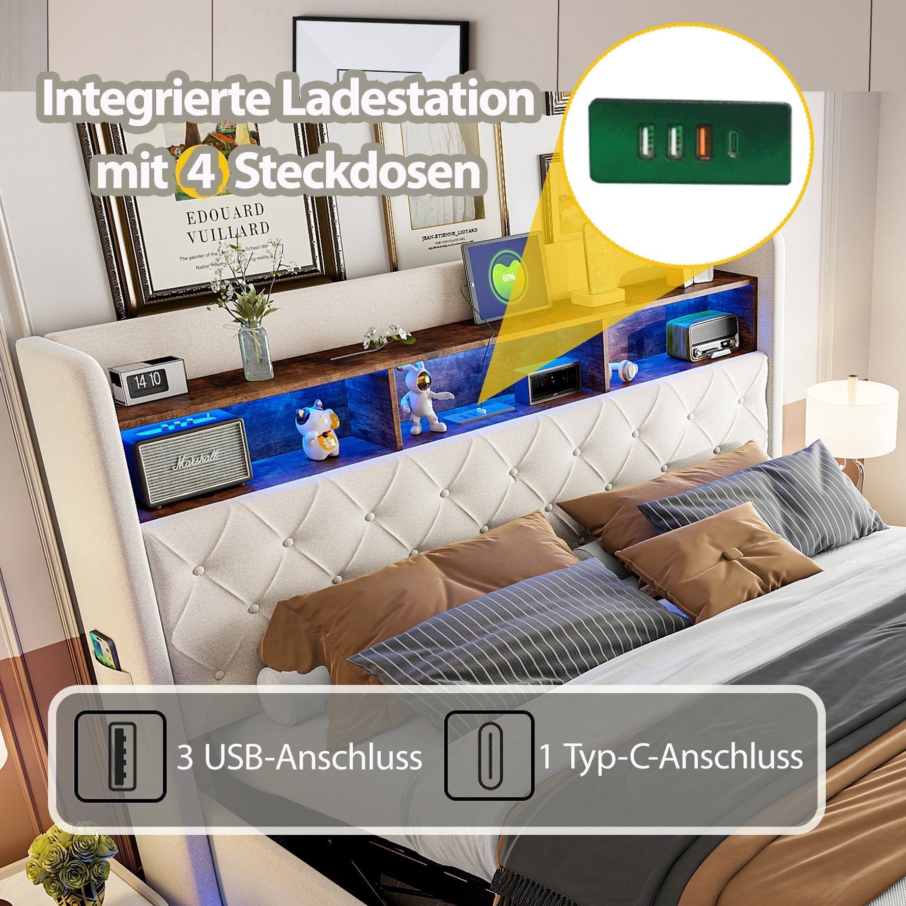 LED Upholstered Bed with USB & Hydraulic Storage, Linen Beige